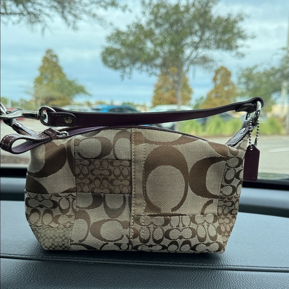 Coach Brown Signature Patchwork Shoulder Bag with Dark Brown Strap